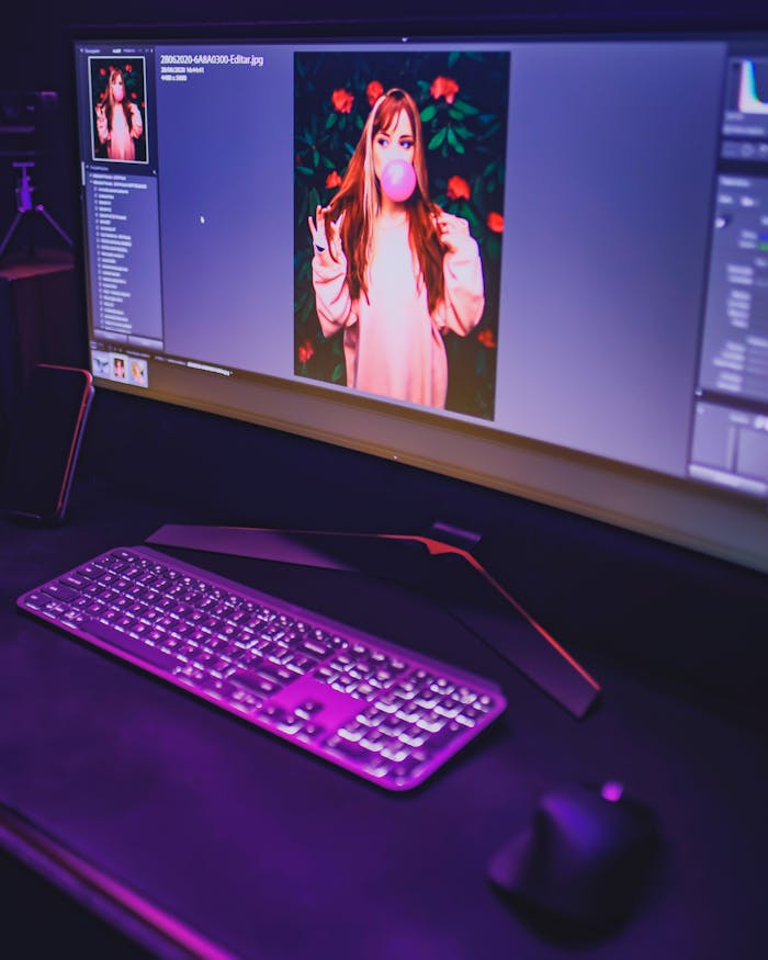 Vibrant workstation setup for photo editing with RGB lighting and large monitor displaying an edited portrait.